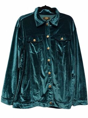 L&B Teal Turquoise Velvet Button Up Shirt Jacket with Buffalo Coin Buttons